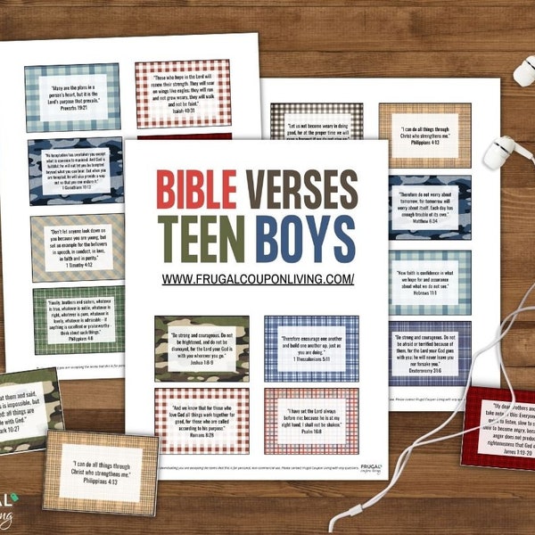 Memory Bible Verse Cards for Teen Boys Printable | 20 Best Bible Verses for Teenagers| Kids Scripture Cards Set for Boys | ESV + NIV Bible