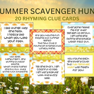 Pistas para la búsqueda del tesoro de verano / Actividades divertidas de verano en formato PDF imprimible / 20 lindas tarjetas con pistas que riman para el verano / Búsqueda del tesoro en casa para niños