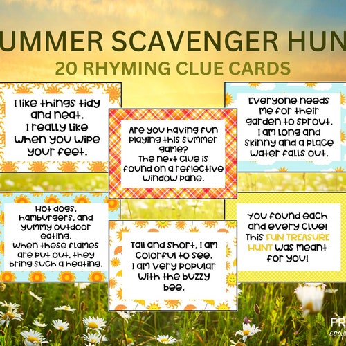 Summer Scavenger Hunt Clues | Fun Summer Activities Printable PDF | 20 Cute Rhyming Clue Cards for Summer | At Home Treasure Hunt for Kids