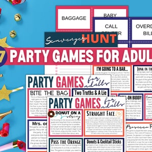 May include: A collection of 17 party games for adults, featuring colourful cards and instructions for games such as "Bite the Bag", "Two Truths and a Lie", "Donut on a String", "Pass the Orange", "Straight Face", "Donuts & Cocktail Sticks", "I'm Going to a Bar", "Junk in the Trunk", "1-on Buddy", "Name That Quote", and "Prosecco Pong".