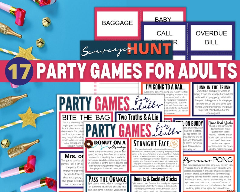 May include: A collection of 17 party games for adults, featuring colourful cards and instructions for games such as "Bite the Bag", "Two Truths and a Lie", "Donut on a String", "Pass the Orange", "Straight Face", "Donuts & Cocktail Sticks", "I'm Going to a Bar", "Junk in the Trunk", "1-on Buddy", "Name That Quote", and "Prosecco Pong".