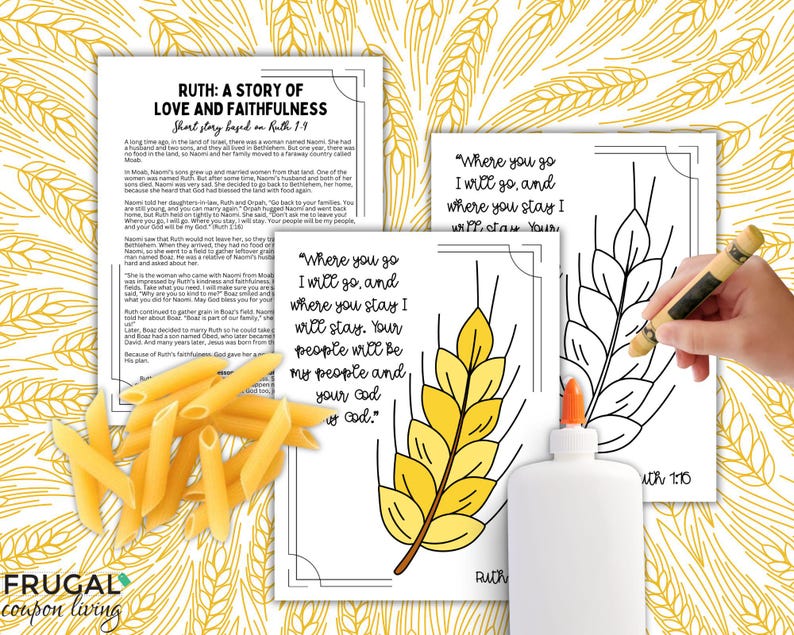 Pu&ograve; includere: Una pagina da colorare stampabile con una spiga di grano con il versetto biblico "Dove andrai, andr&ograve; anch'io, e dove dimorerai, dimorer&ograve; anch'io. Il tuo popolo sar&agrave; il mio popolo, e il tuo Dio sar&agrave; il mio Dio." Il versetto &egrave; tratto dal Libro di Rut, capitolo 1, versetto 16.