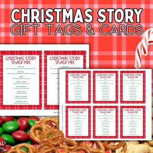 May include: A set of printable Christmas Story snack mix gift tags and cards featuring red plaid borders and white backgrounds. The text reads Christmas Story Snack Mix with a list of ingredients including popcorn, pretzels, M&Ms, Hershey Kisses, star sprinkles, candy canes, animal crackers, and marshmallows.