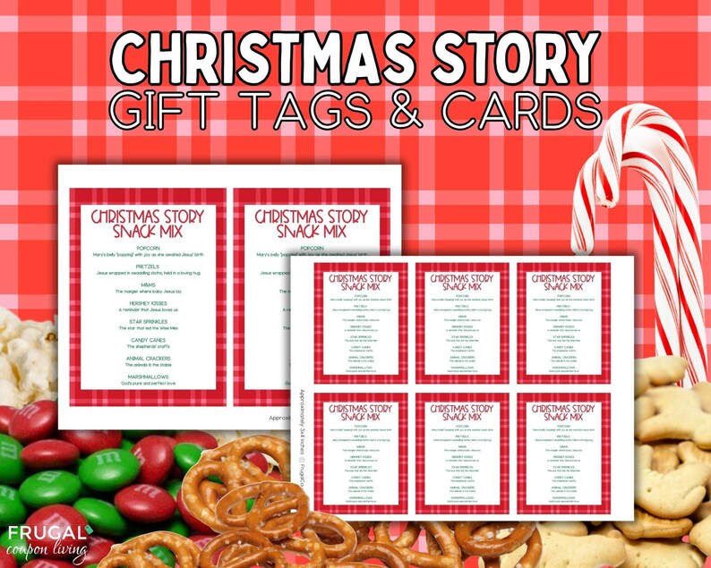 May include: A set of printable Christmas Story snack mix gift tags and cards featuring red plaid borders and white backgrounds. The text reads Christmas Story Snack Mix with a list of ingredients including popcorn, pretzels, M&Ms, Hershey Kisses, star sprinkles, candy canes, animal crackers, and marshmallows.