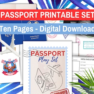 Pasaporte simulado para niños / Plantilla de pasaporte imprimible con sellos y boleto de avión imprimible / Conjunto de viajes a EE. UU. para juegos de simulación infantiles