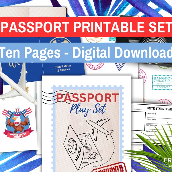 Pretend Passport for Kids | Printable Passport Template with Stamps & Airplane Ticket Printable | US Travel Set for Children's Pretend Play