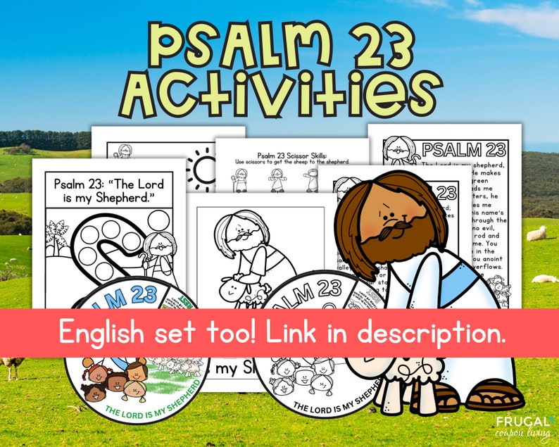 May include: Black and white printable worksheets for kids to learn about Psalm 23. The worksheets feature a shepherd, sheep, and the text "The Lord is my Shepherd".