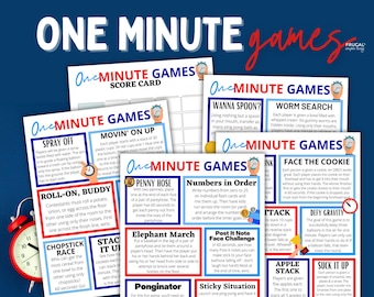 One Minute Games Directions & Supply List, 24 Super Fun Party Games for Kids or Adults, Family Game Night 60-Second Challenge Fun Game Ideas