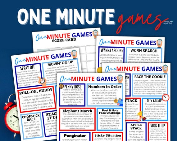 One Minute Games Directions & Supply List, 24 Super Fun Party Games for Kids or Adults, Family Game Night 60-Second Challenge Fun Game Ideas