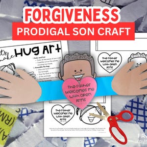 May include: A printable craft for kids featuring a hug art activity. The craft is based on the parable of the prodigal son. The image shows a black and white outline of a person with open arms, a heart with the text "The father welcomes me with open arms" and instructions for coloring and assembling the craft.