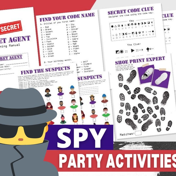 Spionage-Geburtstagsparty-Aktivitäten für Kinder | Spionageparty für Kinder mit Ausweis, Code-Aktivität + Ermittlungsset | Ausdrucke für die Geheimagentenparty