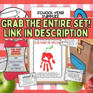 Pu&ograve; includere: Una collezione di fogli di attivit&agrave; scolastiche e lavoretti stampabili con testo come "God Made Me Special", "The Best School Supplies" e "Wisdom", insieme a un lavoretto con sacchetto di carta marrone, su uno sfondo a quadretti rossi e bianchi.