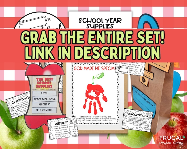 Pu&ograve; includere: Una collezione di fogli di attivit&agrave; scolastiche e lavoretti stampabili con testo come "God Made Me Special", "The Best School Supplies" e "Wisdom", insieme a un lavoretto con sacchetto di carta marrone, su uno sfondo a quadretti rossi e bianchi.