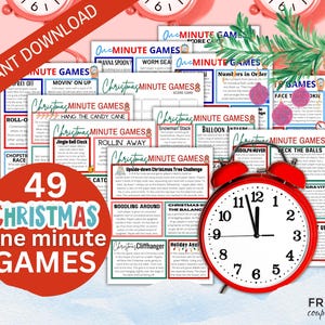 May include: A collection of Christmas-themed one-minute games, including a red alarm clock set to 12:00. The games are printed on various cards with titles like "Hang the Candy Cane" and "Rudolph Mover." The text "Instant Download" is visible.