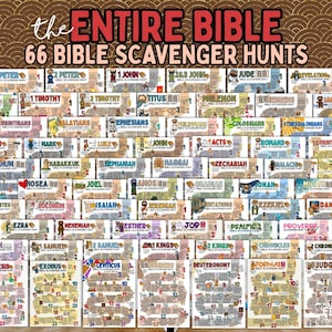 May include: A collection of 66 Bible scavenger hunt cards, each featuring a different book of the Bible. The cards are colorful and feature illustrations and text. The title "The Entire Bible" is displayed at the top.