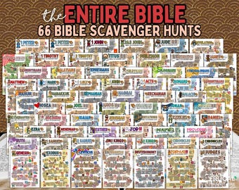 Könnte beinhalten: Eine Sammlung von 66 gedruckten Bibel-Schnitzeljagd-Arbeitsblättern, jedes mit einem bestimmten Buch der Bibel, farbenfrohen Illustrationen, nummerierten Listen und dem Text The Entire Bible 66 Bible Scavenger Hunts.