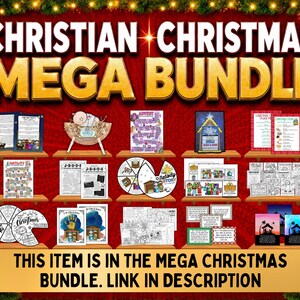 May include: A digital collection of Christian Christmas-themed printable activities, including nativity story sheets, advent calendars, prayer wheels, and coloring pages, displayed on wooden shelves against a red background with festive garland.