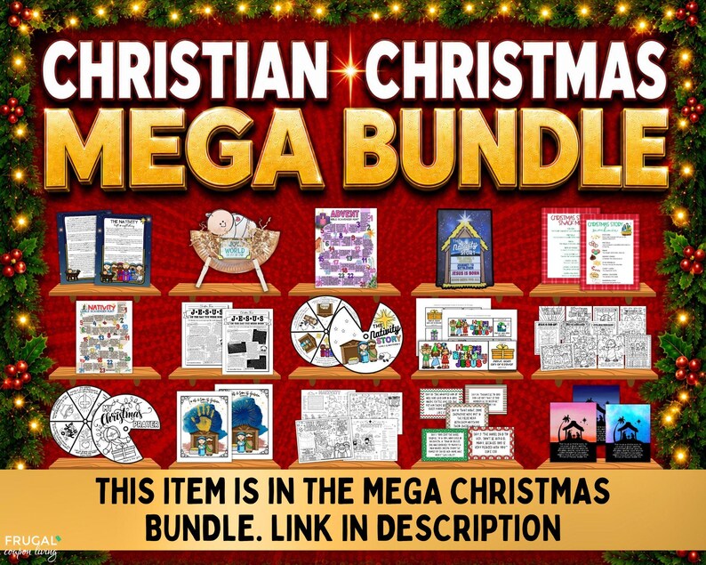 May include: A digital collection of Christian Christmas-themed printable activities, including nativity story sheets, advent calendars, prayer wheels, and coloring pages, displayed on wooden shelves against a red background with festive garland.