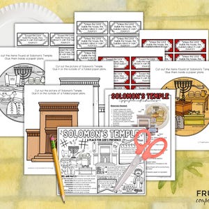 May include: A collection of printable educational materials for children, featuring illustrations of Solomon's Temple. Includes cut-out activities, instructions, and a paper plate. A pencil and scissors are also present.