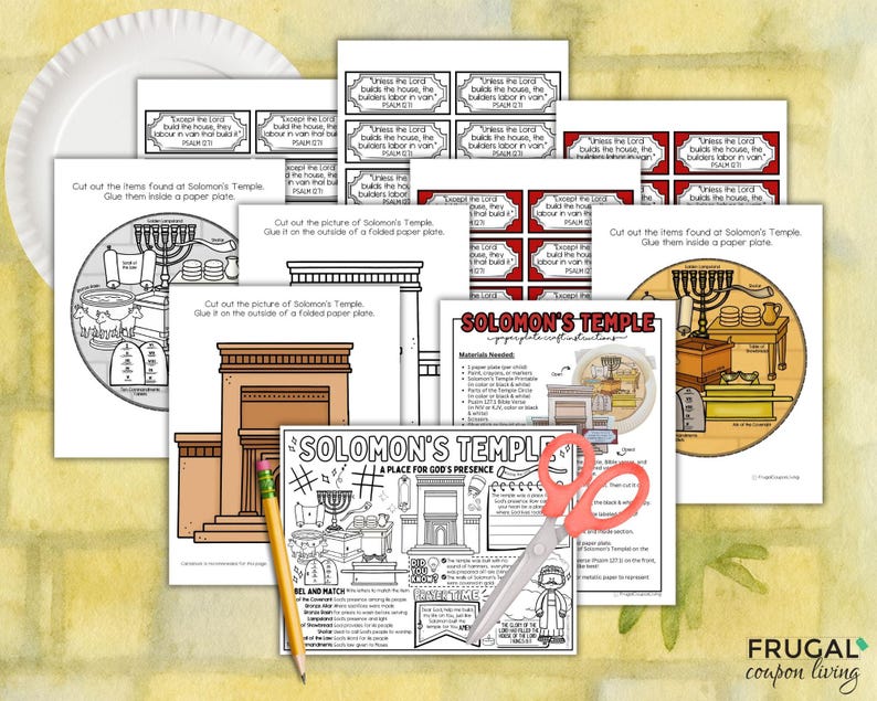 May include: A collection of printable educational materials for children, featuring illustrations of Solomon's Temple. Includes cut-out activities, instructions, and a paper plate. A pencil and scissors are also present.