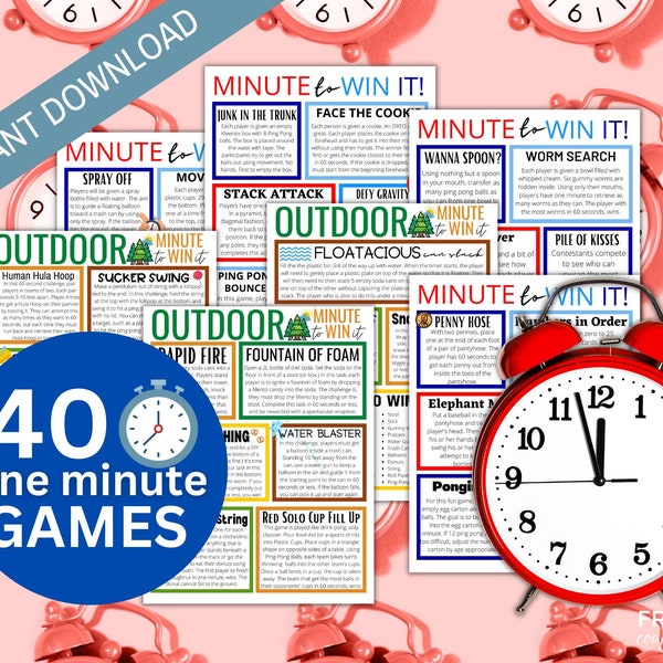 Minuut om het te winnen Games | 40 Spellen van één minuut | Minuut om het feest te winnen | Afdrukbare groepsfeestspellen, 60 seconden spellen, verjaardagsfeestjespellen
