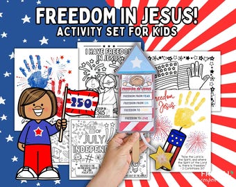 Freedom in Jesus July 4th Bible Craft Set, 250th Birthday for America, Patriotic Religious Activity Set, Freedom in Christ Sunday School PDF