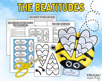 Könnte beinhalten: Ein druckbares Bastelset mit dem Titel The Beatitudes, bestehend aus schwarz-weißen Arbeitsblättern, einer Biene aus einem gelb-schwarzen Pappteller und einer gelben Schere. Die Seiten enthalten Texte wie The Story of the Bee Club und The Bee-Attitudes.