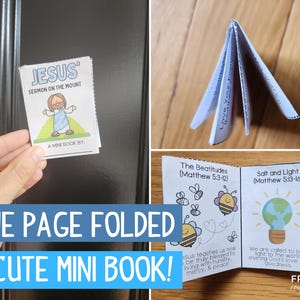 Puede incluir: Un mini libro de una p&aacute;gina doblado con ilustraciones y texto. El libro se titula "Jes&uacute;s Serm&oacute;n en la Monta&ntilde;a" e incluye el texto "Un mini libro de:". El libro est&aacute; doblado por la mitad y se sostiene en una mano. El libro est&aacute; impreso en papel blanco con texto negro e ilustraciones.