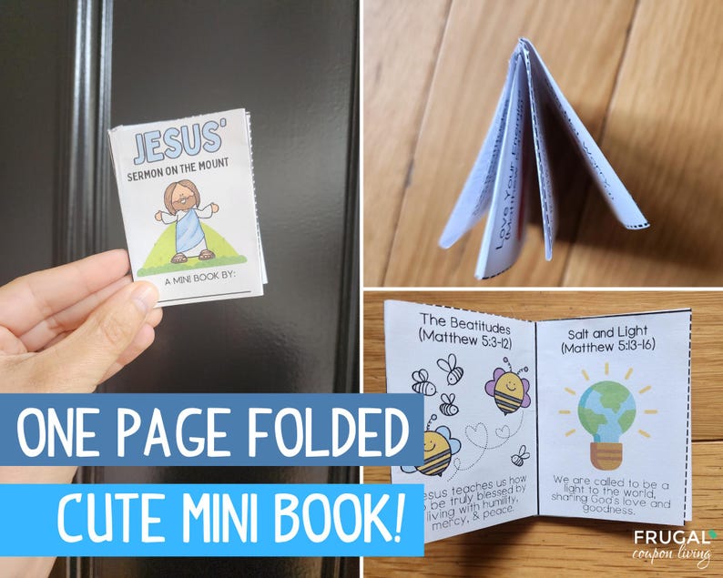 Puede incluir: Un mini libro de una p&aacute;gina doblado con ilustraciones y texto. El libro se titula "Jes&uacute;s Serm&oacute;n en la Monta&ntilde;a" e incluye el texto "Un mini libro de:". El libro est&aacute; doblado por la mitad y se sostiene en una mano. El libro est&aacute; impreso en papel blanco con texto negro e ilustraciones.