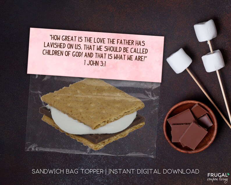 May include: A printable sandwich bag topper with a pink background and the text "HOW GREAT IS THE LOVE THE FATHER HAS LAVISHED ON US, THAT WE SHOULD BE CALLED CHILDREN OF GOD! AND THAT IS WHAT WE ARE!" 1 JOHN 3:1" and the text "SANDWICH BAG TOPPER | INSTANT DIGITAL DOWNLOAD" at the bottom.