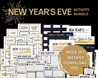 May include: A New Year's Eve activity bundle featuring games and conversation cards. The bundle includes scavenger hunts, charades, and minute-to-win-it games. The design uses gold and black accents, with the words "New Year's Eve" clearly visible.