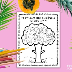 Página para colorir em espanhol dos Frutos do Espírito, Gálatas 5: 22-23 Versículo da Bíblia em espanhol para crianças, El Fruto del Espiritu Planilha em espanhol para impressão