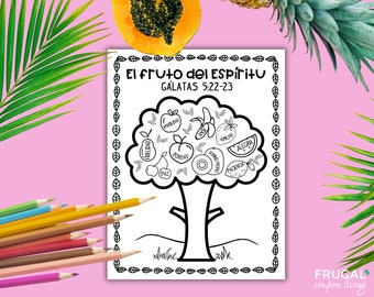 May include: Black and white coloring page featuring a tree with fruits labeled with words like "Love" and "Joy" in Spanish. The text "El fruto del Espíritu" and "Gálatas 5:22-23" are at the top. A set of colored pencils is in the lower left corner.