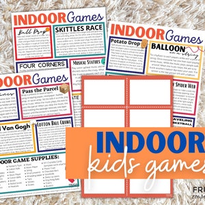 Op de afbeelding: Printbare vellen met binnenspellen voor kinderen, zoals Skittles Race en Ballon aan een touwtje. De kleurrijke vellen bevatten instructies en benodigdhedenlijsten, ideaal voor familie-activiteiten en entertainment.