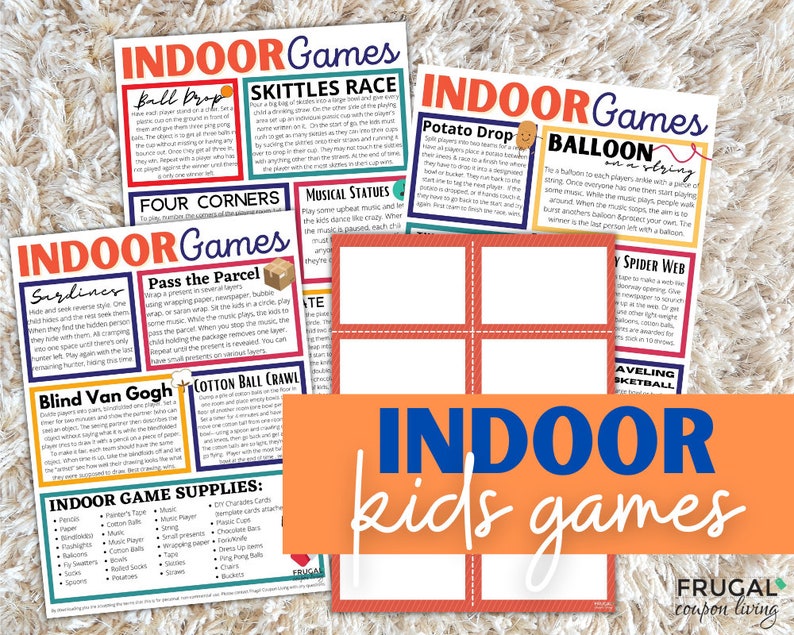 Op de afbeelding: Printbare vellen met binnenspellen voor kinderen, zoals Skittles Race en Ballon aan een touwtje. De kleurrijke vellen bevatten instructies en benodigdhedenlijsten, ideaal voor familie-activiteiten en entertainment.
