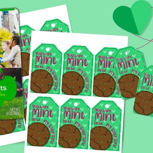 K&ouml;nnte beinhalten: Druckbare Valentinstag-Geschenk-Etiketten mit gr&uuml;nem Hintergrund, einem Schokoladen-Minz-Keks und dem Text "You were Mint to be my Valentine".