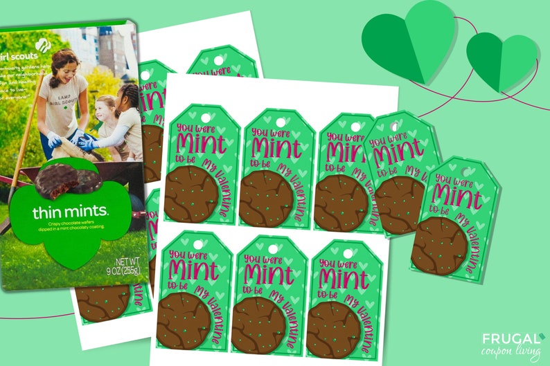 K&ouml;nnte beinhalten: Druckbare Valentinstag-Geschenk-Etiketten mit gr&uuml;nem Hintergrund, einem Schokoladen-Minz-Keks und dem Text "You were Mint to be my Valentine".