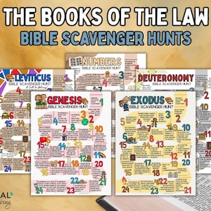 May include: A collection of Bible Scavenger Hunt printables, featuring titles like "Genesis," "Exodus," and "Leviticus." Each colorful sheet includes numbered questions and illustrations, designed for educational and interactive learning. The text "The Books of the Law" is at the top.