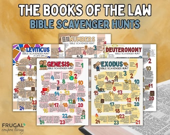 The Books of The Law Bible Scavenger Hunt, First Five Books of the Bible, Genesis, Exodus, Leviticus, Numbers, Deuteronomy Bible Trivia Game