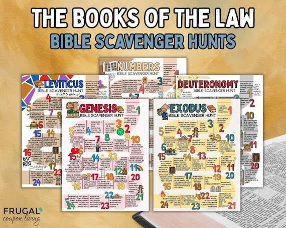 The Books of The Law Bible Scavenger Hunt, First Five Books of the Bible, Genesis, Exodus, Leviticus, Numbers, Deuteronomy Bible Trivia Game