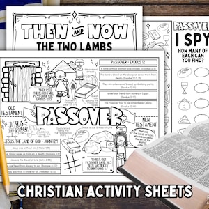 Może przedstawiać: Czarno-białe, drukowalne karty z ćwiczeniami dla dzieci o tematyce chrześcijańskiej. Karty zawierają ilustracje owiec, drzwi i krzyża. Tekst zawiera "Then and Now", "The Two Lambs", "Passover", "Old Testament", "New Testament", "Jesus is the Lamb of God", "Christ our Passover Lamb has been sacrificed", oraz "Passover I Spy".