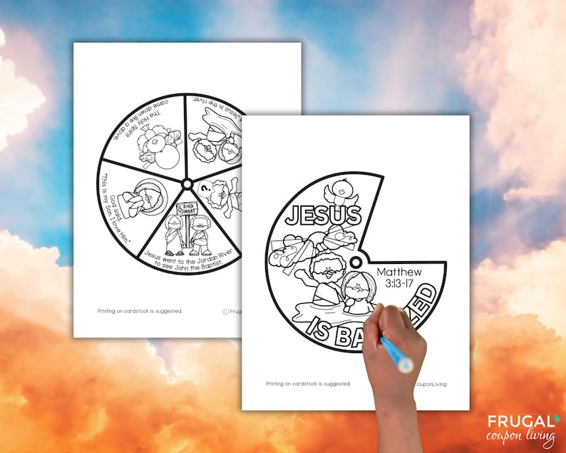 May include: Black and white printable colouring page of a wheel with different scenes from the story of Jesus being baptised. The wheel has the text "Jesus is Baptised" and "Matthew 3:13-17".