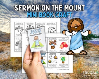 Könnte beinhalten: Ein druckbares Mini-Buch-Bastelset für Kinder mit dem Thema Jesu Bergpredigt. Das Buch enthält Illustrationen von Jesus, einem Herzen, einer Glühbirne und Bienen. Der Text enthält den Titel "Jesu Bergpredigt", "Ein Mini-Buch von", "Liebe deine Feinde", "Das Vaterunser", "Die Seligpreisungen", "Salz und Licht" und "FrugalCouponLiving".