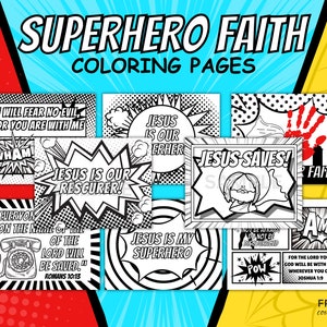 Hero Faith Bible Verse Scripture Coloring Pages, Jesus Saves Christian Coloring Activity for Kids, Jesus is My Superhero Faith-Based Comic