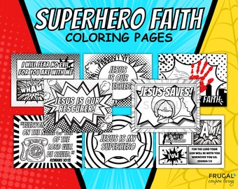 Hero Faith Bible Verse Scripture Coloring Pages, Jesus Saves Christian Coloring Activity for Kids, Jesus is My Superhero Faith-Based Comic