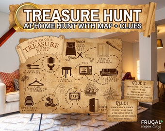 Indoor Treasure Hunt for Kids  | Indoor Scavenger Hunt Clues Cards & Treasure Map for at Home | Pirate Party Download | Pirate Party Games