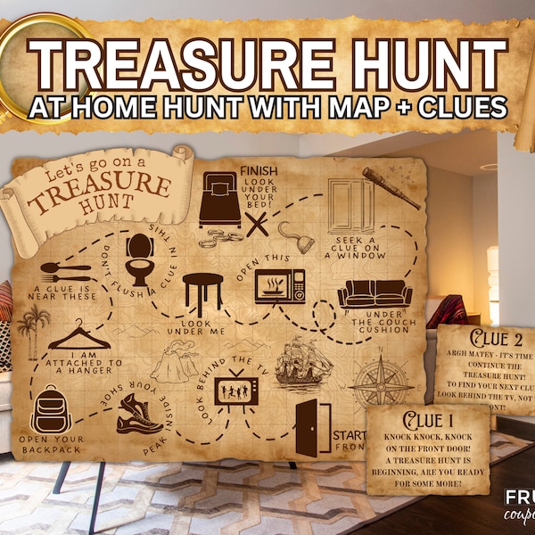 Indoor Treasure Hunt for Kids  | Indoor Scavenger Hunt Clues Cards & Treasure Map for at Home | Pirate Party Download | Pirate Party Games