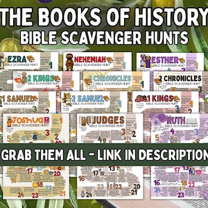 May include: A collection of Bible scavenger hunt printables featuring titles like Ezra, Nehemiah, and Esther. Each card has a colorful design with illustrations and text. The text "Grab Them All - Link in Description" is also visible.