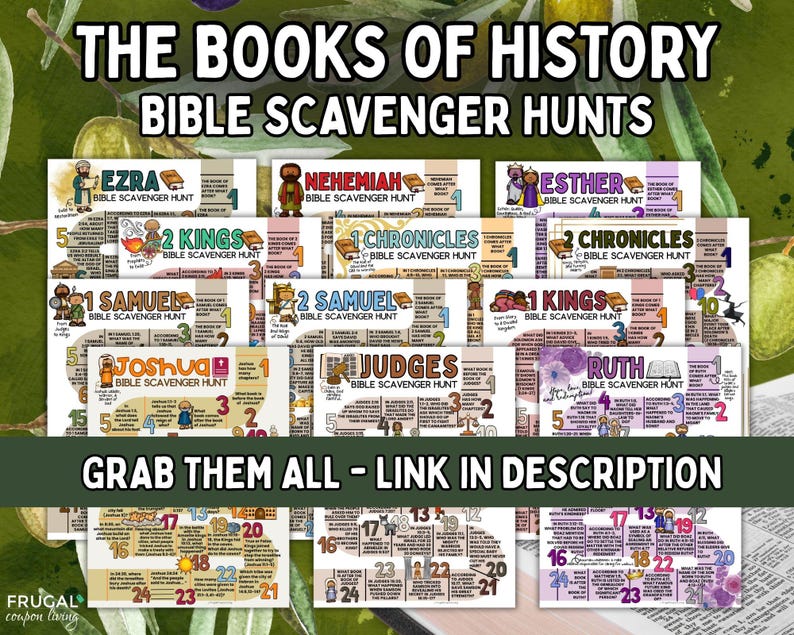 May include: A collection of Bible scavenger hunt printables featuring titles like Ezra, Nehemiah, and Esther. Each card has a colorful design with illustrations and text. The text "Grab Them All - Link in Description" is also visible.