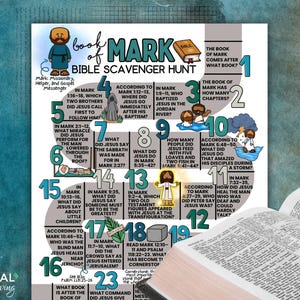 May include: A colorful Bible scavenger hunt poster with the title "Book of Mark". The poster features illustrations and questions about the Gospel of Mark, with text such as "What miracle did Jesus perform?" and "Who baptized Jesus?"